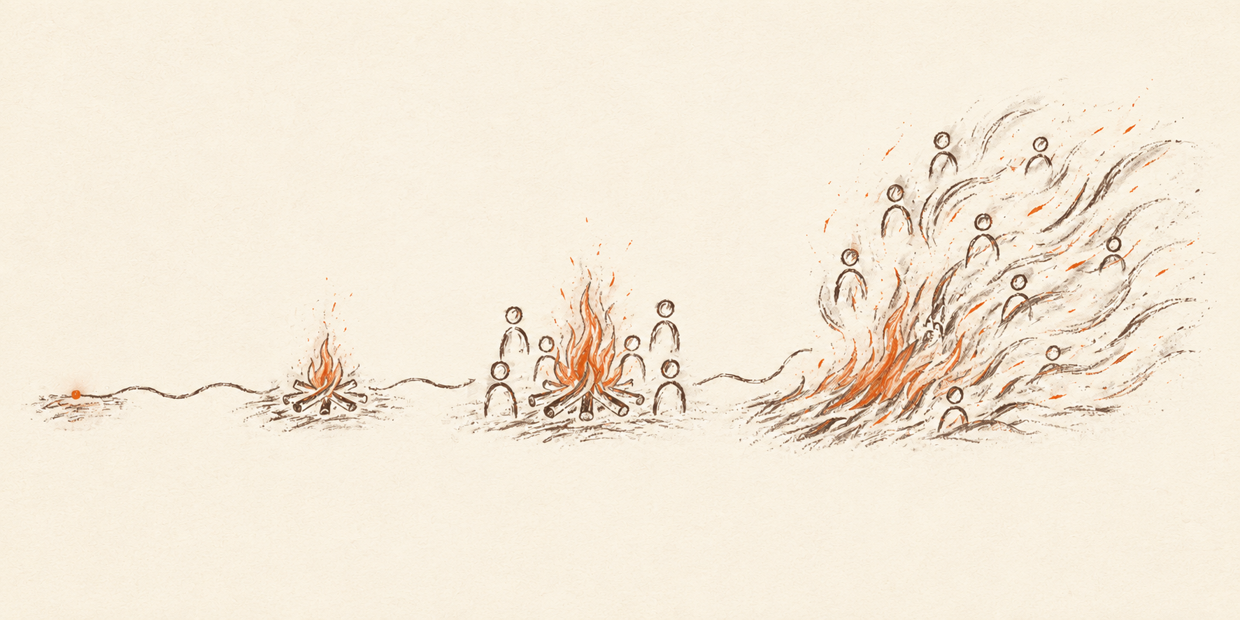 A spark growing into a campfire, bonfire, and wildfire