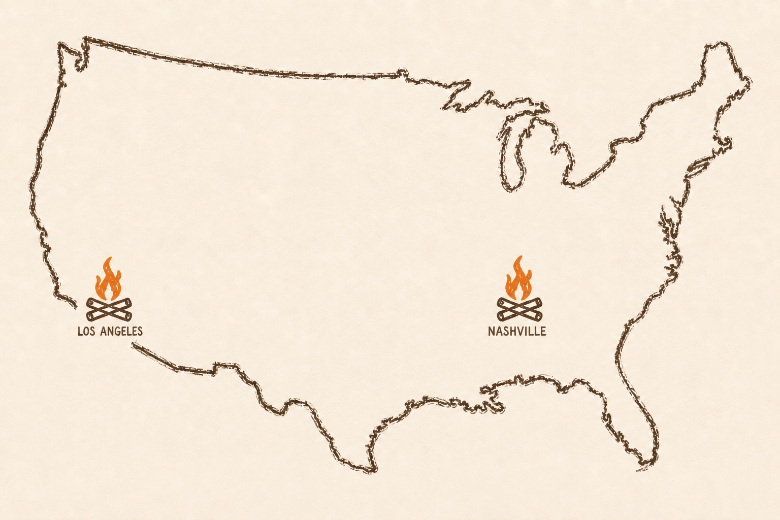 Map of the United States marking Los Angeles and Nashville with campfires